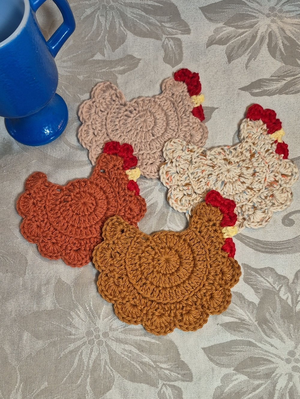 Handmade Crochet Chicken Coasters • Set Of Four • 100% Cotton